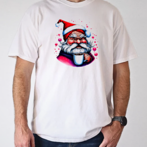 Black and White Drawing of Santa Claus with Coffee Cup and Festive Atmosphere T-Shirt Classic Men's T-shirt