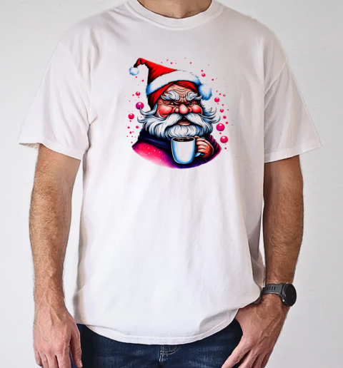 Black and White Drawing of Santa Claus with Coffee Cup and Festive Atmosphere T-Shirt Classic Men's T-shirt