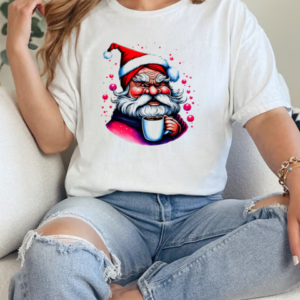 Black and White Drawing of Santa Claus with Coffee Cup and Festive Atmosphere T-Shirt Classic Women's T-shirt