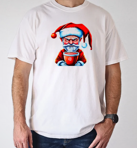 Black and white drawing of Santa Claus holding an iced coffee cup T-Shirt Classic Men's T-shirt