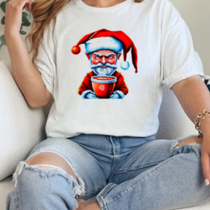 Black and white drawing of Santa Claus holding an iced coffee cup T-Shirt Classic Women's T-shirt