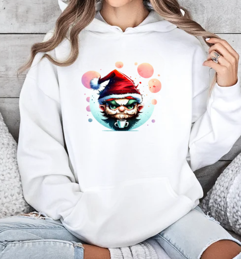 Cartoon Character Enjoying Coffee with Santa Hat T-Shirt Unisex Hoodie