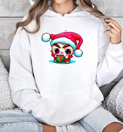 Cartoon Character Wearing Santa Claus Hat Drinking Iced Coffee T-Shirt Unisex Hoodie