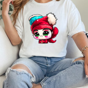 Cartoon Character with Red Hat and Green Eyes in front of Christmas Tree T-Shirt Classic Women's T-shirt