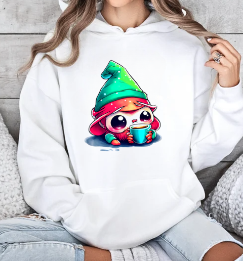 Cartoon Elf Drinking Coffee from an Ice Cream Cone T-Shirt Unisex Hoodie