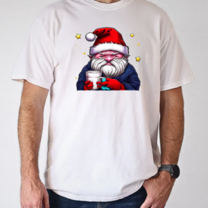 Cartoon Santa Claus with Coffee Cup and Stars T-Shirt Classic Men's T-shirt