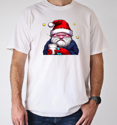 Cartoon Santa Claus with Coffee Cup and Stars T-Shirt Classic Men's T-shirt