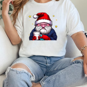 Cartoon Santa Claus with Coffee Cup and Stars T-Shirt Classic Women's T-shirt