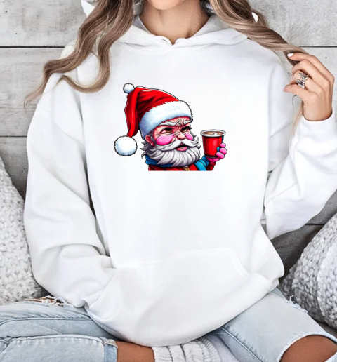 Cartoon Santa Claus with Iced Coffee Cup T-Shirt Unisex Hoodie