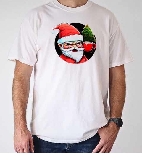 Cartoon Santa Claus with Iced Coffee and Christmas Trees T-Shirt Classic Men's T-shirt