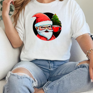 Cartoon Santa Claus with Iced Coffee and Christmas Trees T-Shirt Classic Women's T-shirt