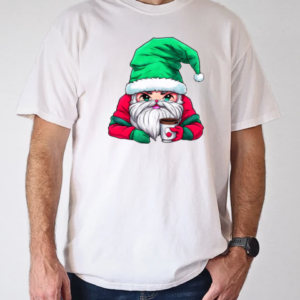 Cartoon Santa Claus with Merry Christmas Hat Holding Iced Coffee T-Shirt Classic Men's T-shirt