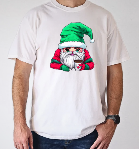 Cartoon Santa Claus with Merry Christmas Hat Holding Iced Coffee T-Shirt Classic Men's T-shirt