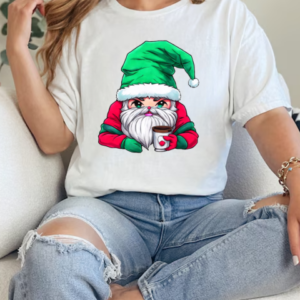 Cartoon Santa Claus with Merry Christmas Hat Holding Iced Coffee T-Shirt Classic Women's T-shirt