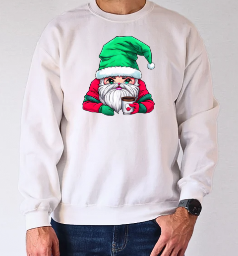 Cartoon Santa Claus with Merry Christmas Hat Holding Iced Coffee T-Shirt Unisex Sweatshirt