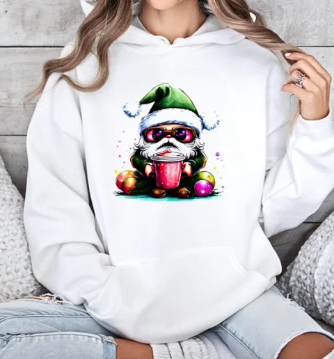 Cute Santa Claus with sunglasses and iced coffee T-Shirt Unisex Hoodie