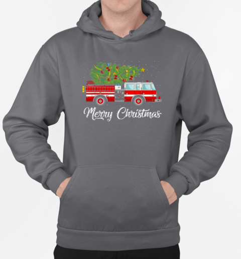 Merry Christmas Fire Truck Carrying Christmas Tree Christmas Firefighter T-Shirt Unisex Hoodie