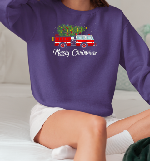 Merry Christmas Fire Truck Carrying Christmas Tree Christmas Firefighter T-Shirt Unisex Sweatshirt