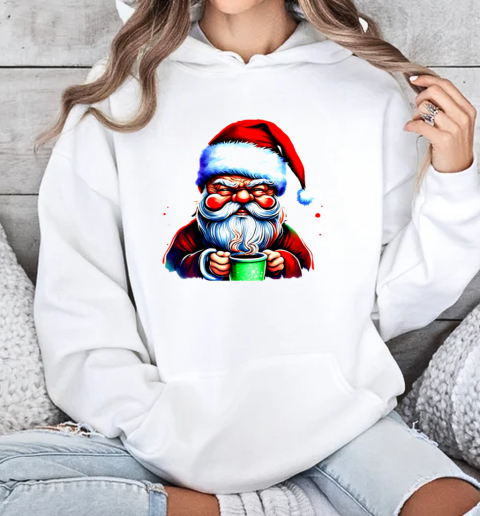 Santa Claus holding a green cup and drinking coffee T-Shirt Unisex Hoodie